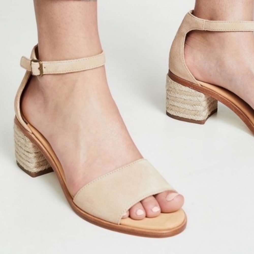Soludos Capri Suede Raffia Ankle-Strap Block Heel Sandals in Beige